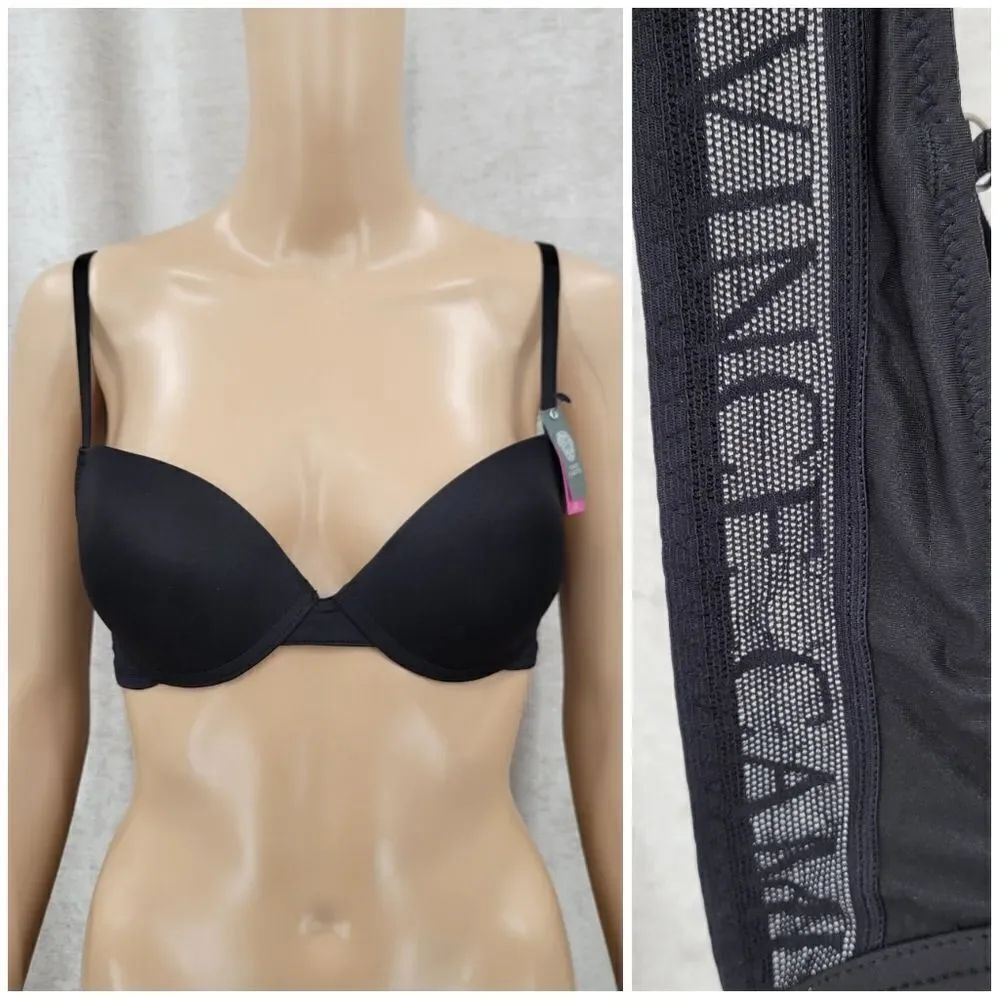 Vince Camuto Black Logo Band Bra Push Up Underwire Women's 36B NEW